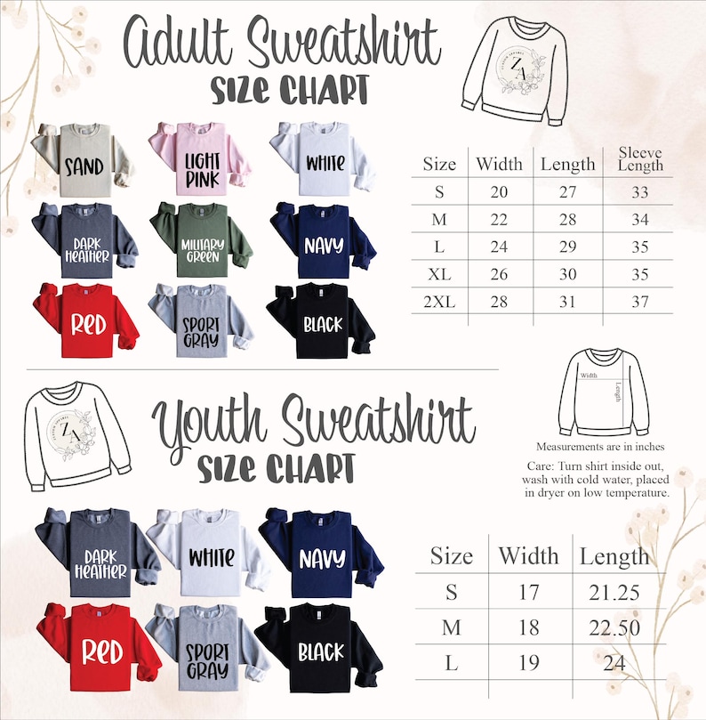 Puede incluir: Tabla de tallas para sudaderas para adultos y j&oacute;venes. La tabla muestra diferentes colores de sudaderas, incluyendo arena, rosa claro, blanco, gris oscuro, verde militar, azul marino, rojo, gris deportivo y negro. La tabla tambi&eacute;n incluye medidas de ancho, largo y largo de manga en pulgadas.