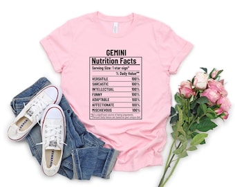 Camiseta de Géminis, datos nutricionales de Géminis, camiseta del zodiaco, camiseta de astrología, regalo para Géminis, regalo de cumpleaños de Géminis, signos del zodiaco, camiseta de horóscopos