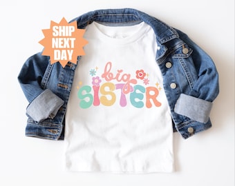 Camiseta de hermana mayor para bebé, camiseta de ascenso a hermana mayor, camiseta linda para niños con anuncio, camiseta de anuncio de embarazo, camiseta de nueva hermana mayor