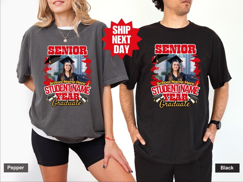 May include: Two t-shirts with a graduation theme. The shirts are black and gray with red and yellow text. The text says "Senior" and "Student Name Year Graduate".