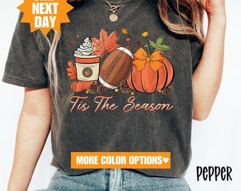 Comfort Colors® Tis The Season-shirt, pompoenshirt herfst, voetbalshirts voor vrouwen, herfstshirts, herfst-T-shirts dames, schattig pompoenshirt, voetbalshirts voor vrouwen