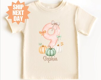 Personalized Pumpkin 9th Birthday Shirt, Fall Ninth Birthday Shirt, Birthday Girl Shirt, Custom Name Birthday Tee, Pumpkin Outfit