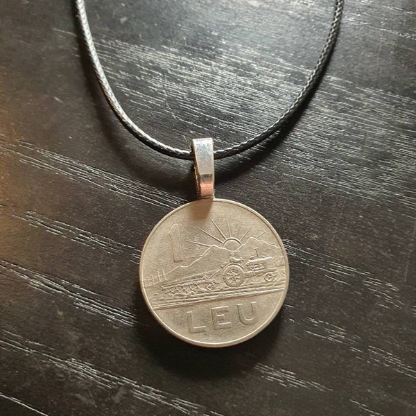 Necklace Coin Romania 1 Leu 45 - 50 cm Upcycling Leather Unisex Costume JewelryTrendGift Home DIY Minimalist