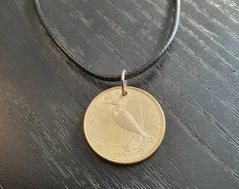 Necklace Coin Hungary Crane Bird 5 Forint 45 - 50 cm Leather Surfer Necklace Upcycling