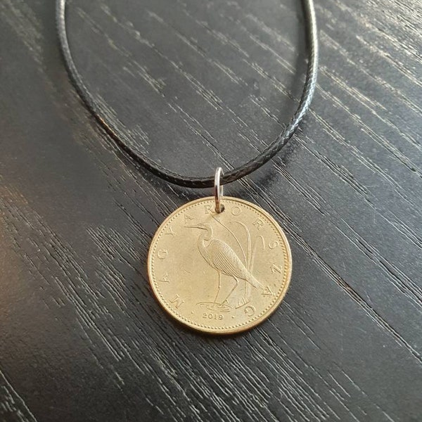 Necklace Coin Hungary Crane Bird 5 Forint 45 - 50 cm Leather Surfer Necklace Upcycling