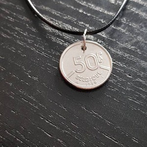 Necklace Coin Belgium 50 Francs 45 - 50 cm Upcycling Leather Unisex Costume Jewelry SilverTrendGift Home DIY Minimalist