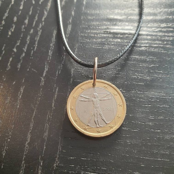 Necklace coin 1 euro Leonardo da Vinci Italy 45 - 50 cm leather