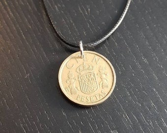 Necklace Coin Spain 100 Ptas Pesetas 45 - 50 cm Leather 1982 1983 1984 1985 1986 1988 1989 1990