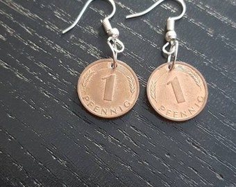 Earrings Coin 1 Pfennig Germany Oak Leaf
