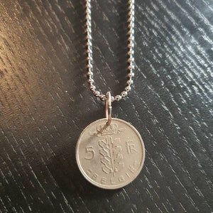 Ball chain coin Belgium 5 Francs 1948 1949 1950 60 cm stainless steel genuine coin very old