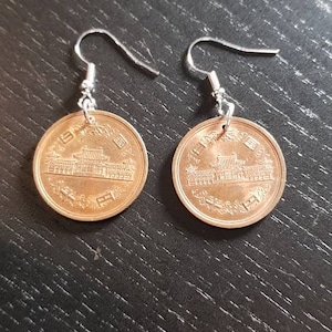 Earrings Coin Japan 10 Yen Characters Minka Nokas Traditional Houses Genuine Coins
