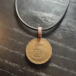 Necklace Coin Poland 5 Zloty Copper 45 - 50 cm Upcycling Leather UnisexGift Home DIY Minimalist Trend Mothers day Fathers Day Valentine
