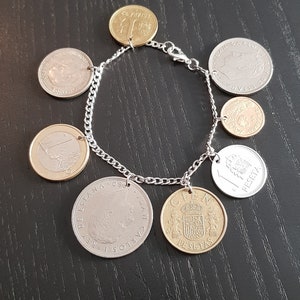 Bracelet de pièces de monnaie Espagne 17 cm upcycling pièces originales femmes hommes bracelet lourd bracelet à breloques