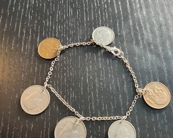 Bracelet Coin Belgium multicolored silver bronze upcycling original coins 18 cm