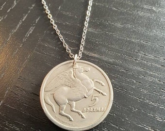 Fine women's necklace coin Pegasus winged horse Greece 5 drachmas 1973 60 cm stainless steel