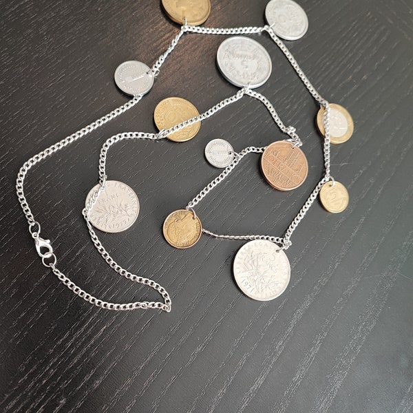 Huge coin chain for men France 80 cm with many coins Tribal - chain heavy gold/silver