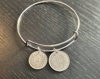 Pièce bracelet Suisse 5 et 10 centimes pièces réelles