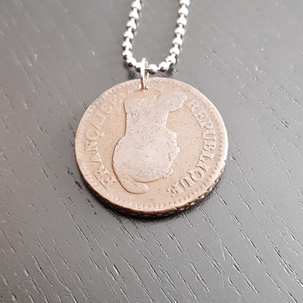 Chaîne boule pièce France 1 Décime Lan 8 AA environ 1800 60 cm cuir rare pendentif bronze absolument unique