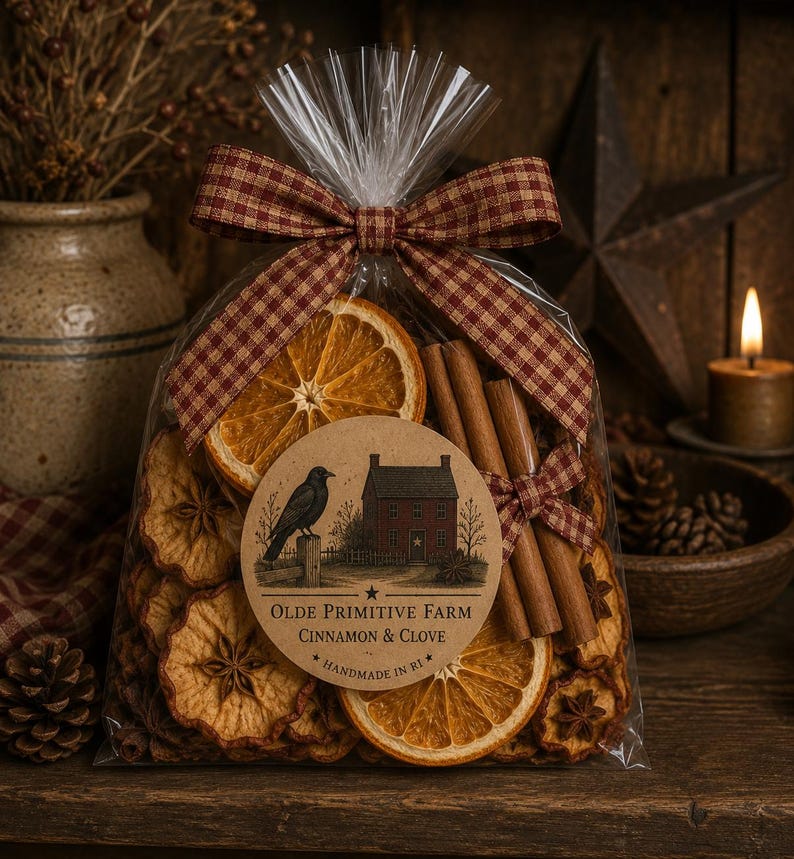 May include: A clear plastic bag filled with dried orange slices, cinnamon sticks, and star anise. A brown circular label features a black crow, a red house, and the text OLDE PRIMITIVE FARM CINNAMON & CLOVE HANDMADE IN RI. A red and tan gingham ribbon is tied at the top.