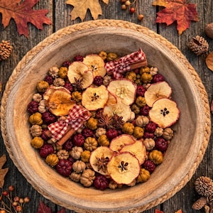 May include: A round wooden bowl filled with dried apple slices, small decorative pumpkins in shades of yellow, orange, and deep red, star anise, and cinnamon sticks tied with red and white checkered fabric ribbons.