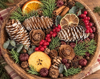 Old Fashioned Christmas Potpourri – Primitive Rustic Holiday Bowl Filler with Frosted Pinecones, Dried Citrus, Botanicals
