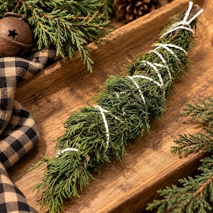 May include: A bundle of dried green cedar branches wrapped in white twine. The bundle is elongated and textured with needle-like foliage. The natural green color of the cedar contrasts with the white string binding the bundle together securely.