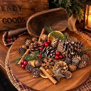May include: A wooden scoop rests on a round wooden board filled with a collection of pinecones, cinnamon sticks, dried orange slices, red berries, metal jingle bells, a metal snowflake ornament, and a metal star, accented with green pine sprigs.