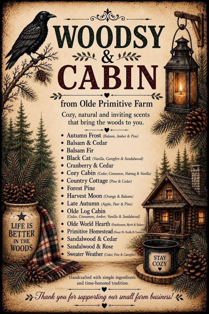 May include: A decorative sign titled WOODSY & CABIN from Olde Primitive Farm. It features a black crow, a lantern, a log cabin, and a list of scents including Autumn Frost, Balsam & Cedar, and Black Cat. Text includes LIFE IS BETTER IN THE WOODS and STAY COZY.