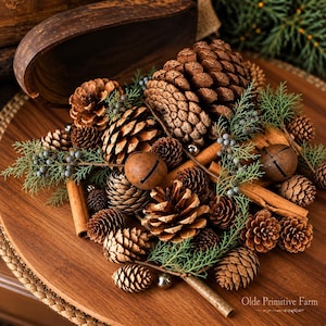 May include: A collection of brown pinecones, cinnamon sticks, and green juniper sprigs with small blue berries. Two rusted metal jingle bells are nestled among the natural elements. The text Olde Primitive Farm is visible in the corner.