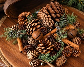 May include: A collection of brown pinecones, cinnamon sticks, and green juniper sprigs with small blue berries. Two rusted metal jingle bells are nestled among the natural elements. The text Olde Primitive Farm is visible in the corner.