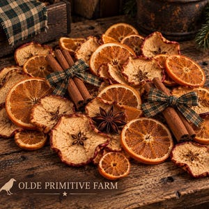 May include: A collection of dried orange slices, apple slices, star anise, and cinnamon sticks tied with green and black plaid ribbons. The text OLDE PRIMITIVE FARM is printed in the bottom left corner on a dark wooden surface.