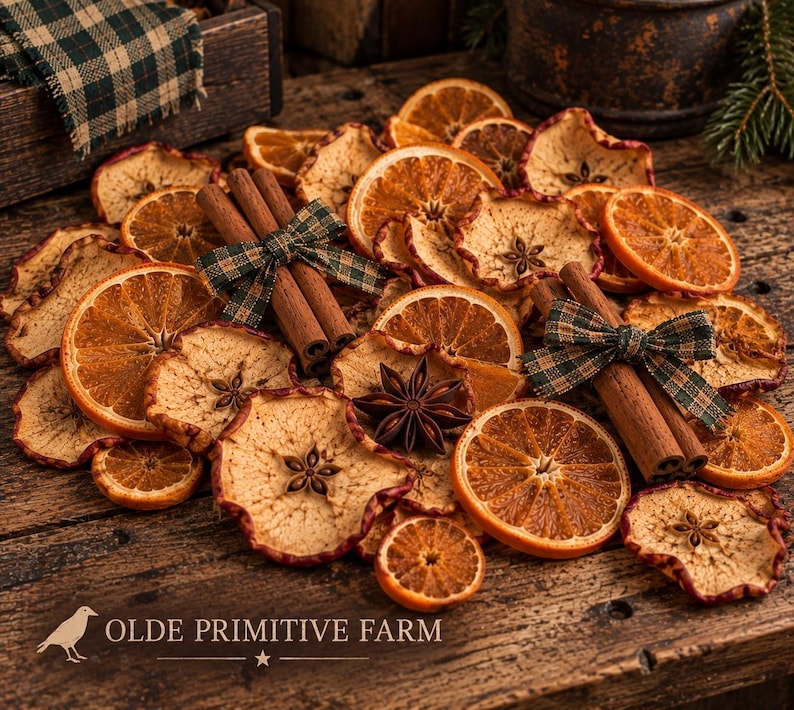 May include: A collection of dried orange slices, apple slices, star anise, and cinnamon sticks tied with green and black plaid ribbons. The text OLDE PRIMITIVE FARM is printed in the bottom left corner on a dark wooden surface.
