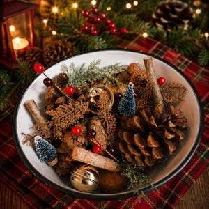 May include: A white enamel bowl with a black rim filled with a holiday arrangement of brown pinecones, small green bottle brush trees, gold jingle bells, wooden twigs, and stems with red berries, creating a festive seasonal display.