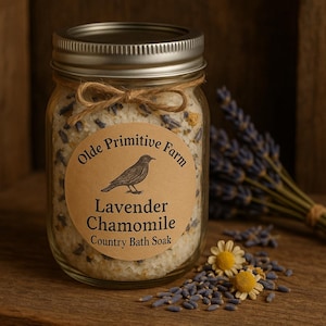 May include: A glass jar with a silver lid, filled with bath soak. The jar has a label that reads "Olde Primitive Farm Lavender Chamomile Country Bath Soak" and is tied with twine. Dried lavender and chamomile flowers are scattered around the jar.