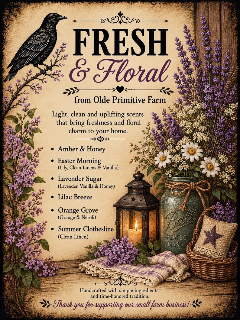 May include: A decorative sign titled FRESH & Floral from Olde Primitive Farm featuring a black crow, purple lilac branches, a lantern, a Ball mason jar with flowers, and a list of scents including Amber & Honey, Easter Morning, Lavender Sugar, Lilac Breeze, Orange Grove, and Summer Clothesline.