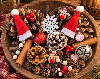 Santa's Christmas Potpourri-Primitive Holiday Bowl Filler, Rustic Decor, Santa Hats, Reindeer & Jingle Bells