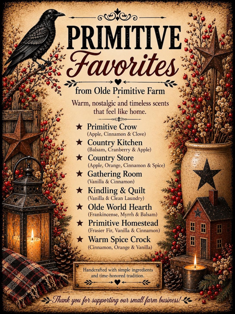 May include: A decorative sign titled Primitive Favorites from Olde Primitive Farm, featuring a black crow, a lantern, a star, and a list of scents including Primitive Crow, Country Kitchen, Country Store, Gathering Room, Kindling & Quilt, Olde World Hearth, Primitive Homestead, and Warm Spice Crock.