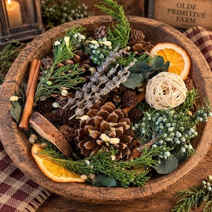 May include: A round wooden bowl filled with a potpourri mix of brown pinecones, dried orange slices, cinnamon sticks, sprigs of green juniper, lavender stems, eucalyptus leaves, and a small woven rattan sphere, creating a textured arrangement.