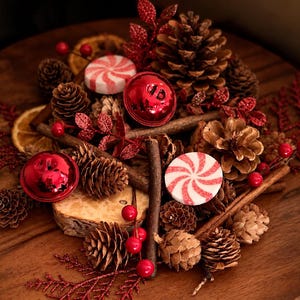 May include: A decorative arrangement featuring brown pinecones, cinnamon sticks, red jingle bells, white and red peppermint candies, dried orange slices, and red glittery foliage accents, all displayed on a circular wooden base.