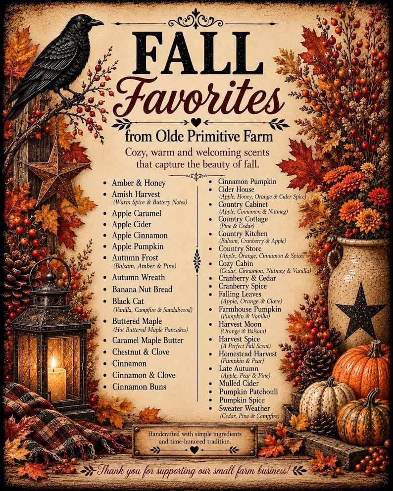 May include: A sign titled FALL Favorites from Olde Primitive Farm featuring a list of scent names like Amber & Honey and Cinnamon Pumpkin. The border displays autumn leaves, a black crow, a lantern, pumpkins, and a ceramic jug.