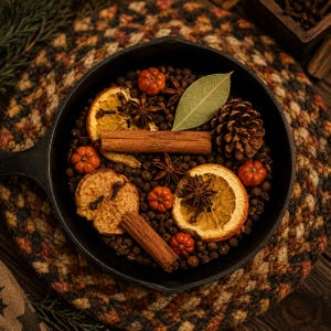 May include: A black cast iron skillet filled with a mixture of black peppercorns, dried orange slices, cinnamon sticks, star anise, small orange pumpkins, a single bay leaf, and a brown pinecone, creating a textured, seasonal arrangement.