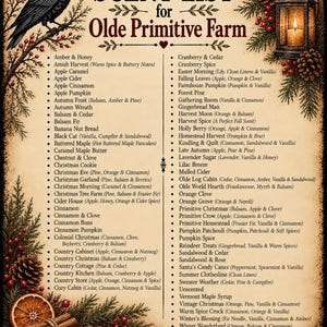 May include: A printed sign titled SCENT LIST for Olde Primitive Farm featuring a black crow, a lit lantern, pine branches, red berries, and cinnamon sticks. The list contains numerous scent names with descriptions in two columns on a beige background.