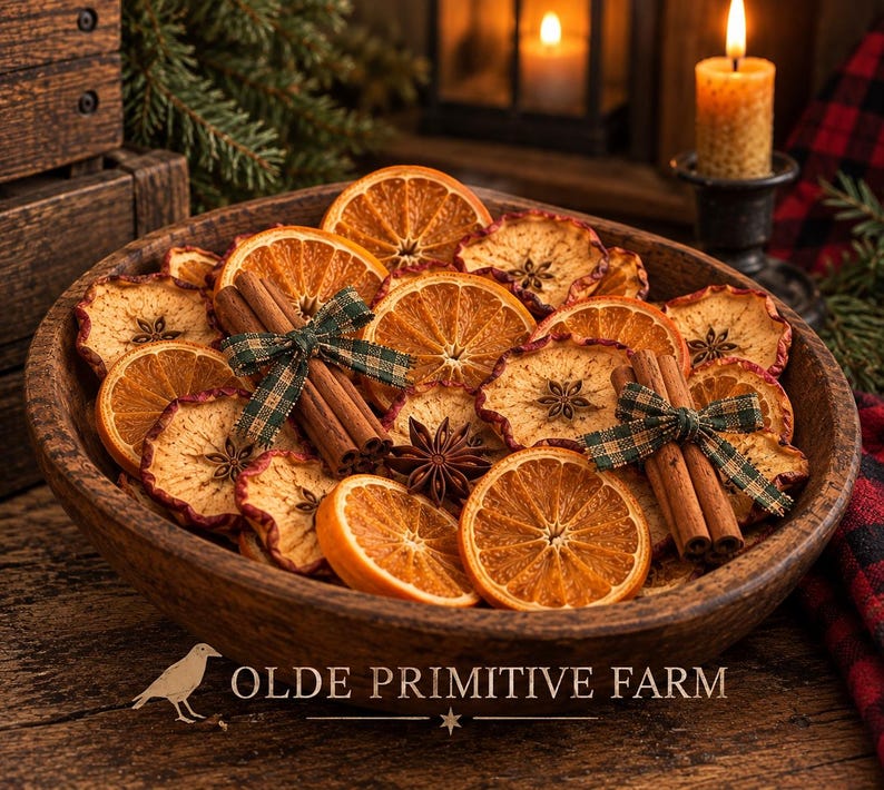 May include: A dark wooden bowl filled with dried orange slices, dried apple rings, star anise, and cinnamon sticks tied with green plaid ribbons. The text OLDE PRIMITIVE FARM is printed at the bottom with a small bird icon.