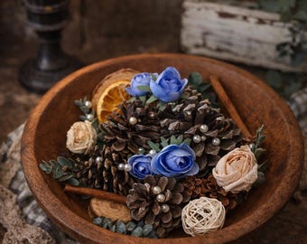 Handcrafted Spring Potpourri Basket | Blue Roses, Pinecones, Dried Botanicals, Farmhouse Decor