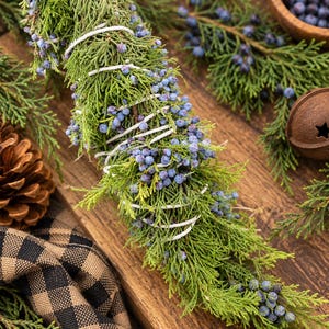 May include: A bundle of fresh green juniper branches with small blue berries, tightly wrapped with white string. The bundle features textured evergreen needles and clusters of round, dusty blue fruit, creating a natural, rustic botanical arrangement.