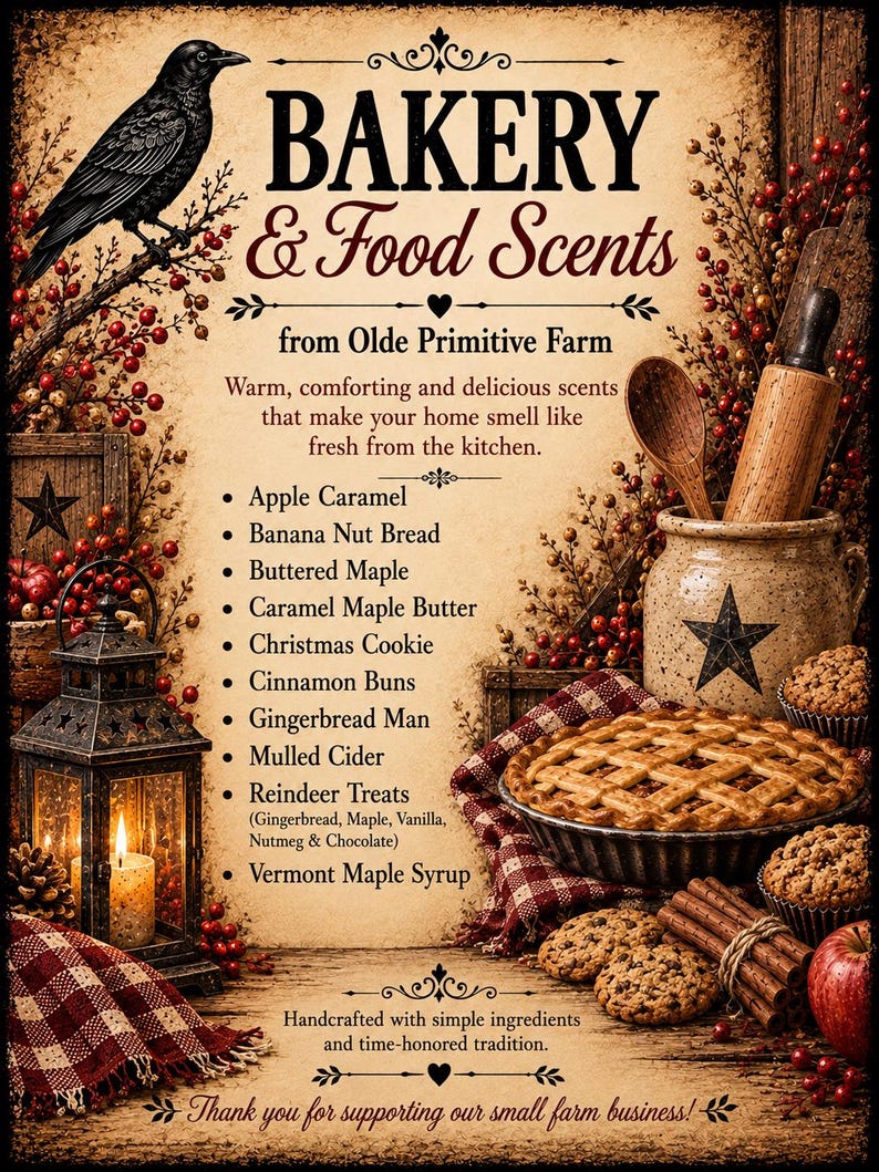 May include: A sign titled BAKERY & Food Scents from Olde Primitive Farm featuring a black crow, a lantern, a wooden spoon, a rolling pin, a pie, cookies, and cinnamon sticks. The text lists scents including Apple Caramel, Banana Nut Bread, Buttered Maple, Caramel Maple Butter, Christmas Cookie, Cinnamon Buns, Gingerbread Man, Mulled Cider, Reindeer Treats, and Vermont Maple Syrup.