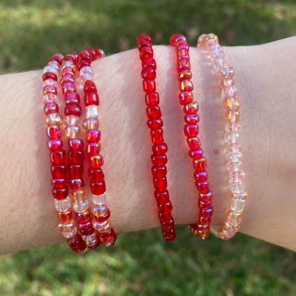 Waterproof stackable stretchy beaded bracelet, seed bead bracelet, valentines bracelet, pink seed bead bracelet, red seed bead bracelet