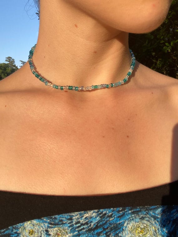 Ocean Teal Beaded Choker – Waterproof Handmade Stretchy Minimalist - Main Image
