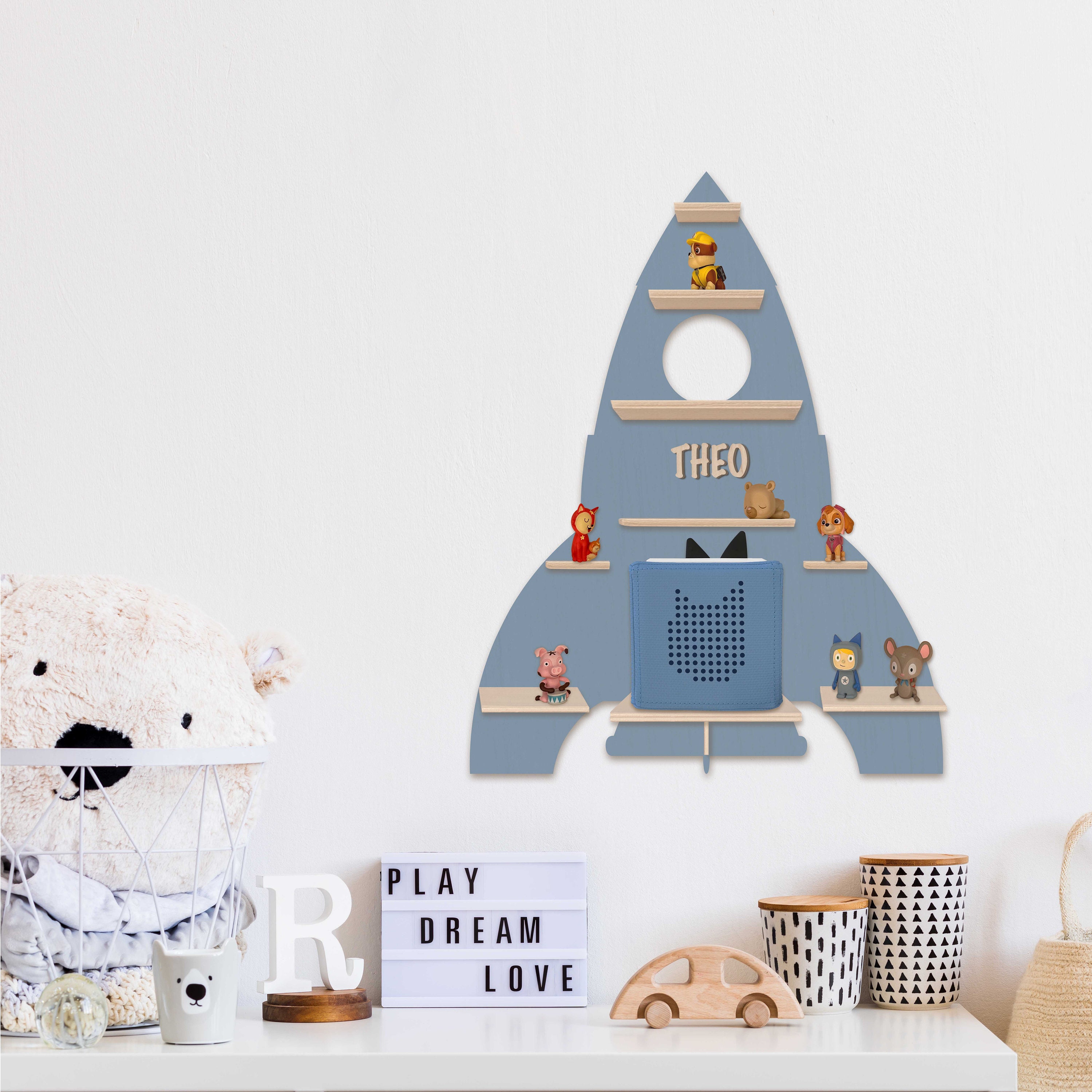 Tonieregal - rocket personalized with name for 15 wooden figures and motif, christening gift, children's room, birthday