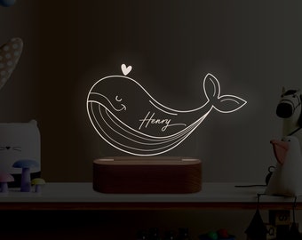 Personalisierte Nachtlampe aus Acryl - Wal, Babygeschenk, Geburt, Taufgeschenk, Kinderzimmer, Schlummerlicht, Nachttischlampe, Babylicht